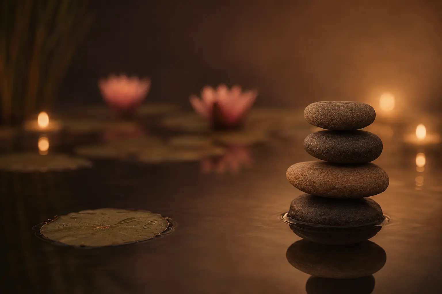 A warmly lit spa treatment room with soft linens